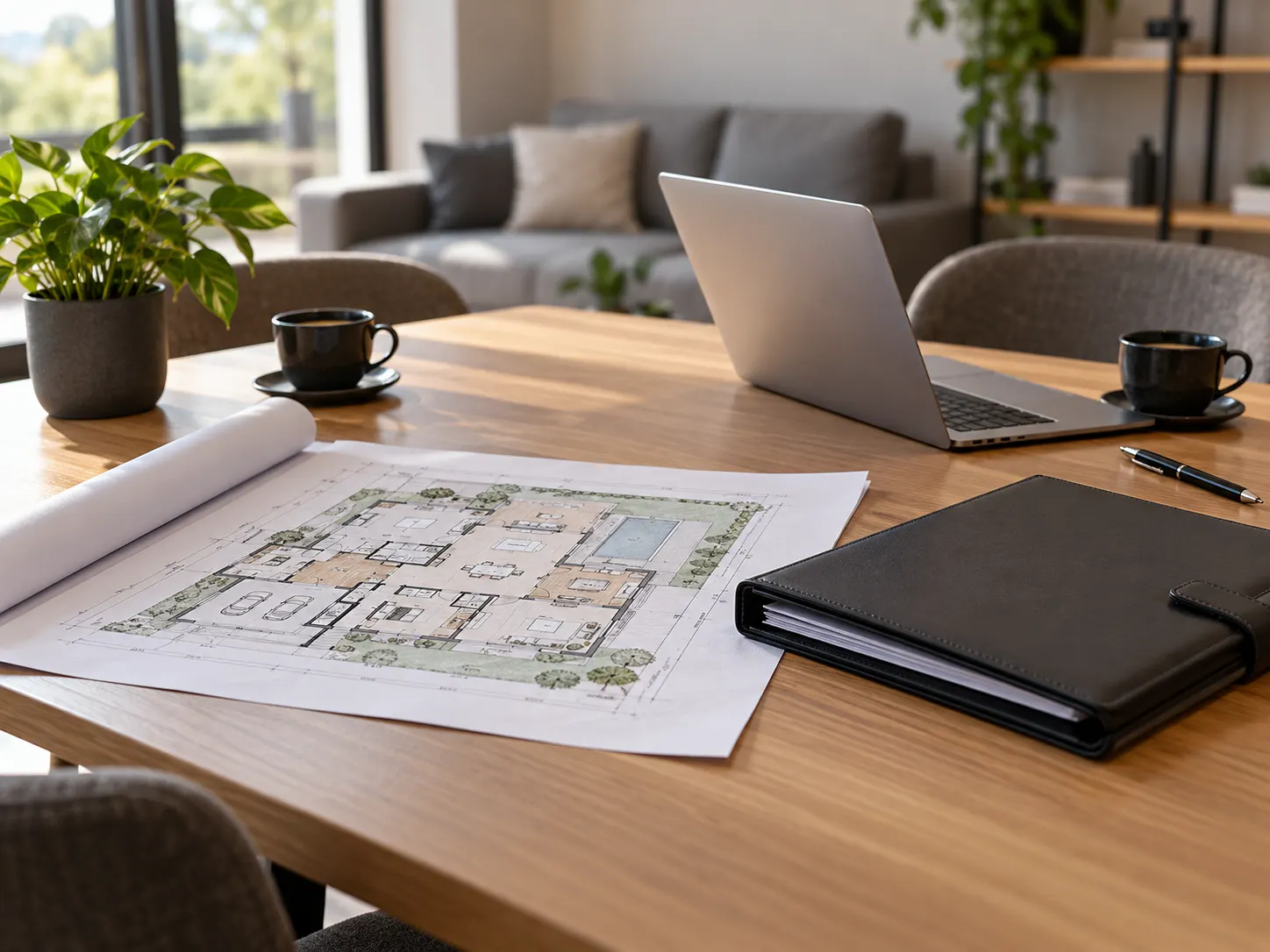 Escritório moderno com mesa de madeira, notebook aberto, plantas em vasos, xícaras de café e planta baixa impressa para planejamento de arquitetura.