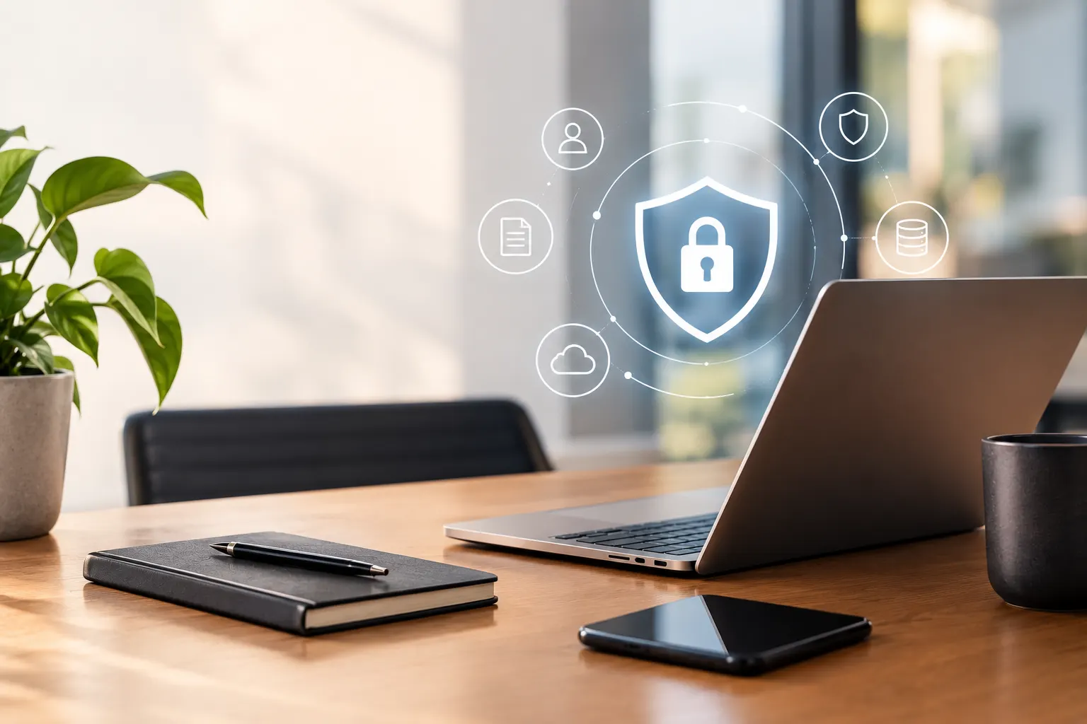 Mesa de escritório com notebook aberto e celular ao lado, enquanto ícones digitais de segurança e proteção com cadeado aparecem sobre a cena, sugerindo cibersegurança.